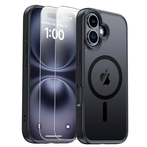 Magnetic for iPhone 16 Case, Compatible with MagSafe, Military Grade Shockproof Protective Cover with 2 Pieces of Tempered Glass, Matte Black Slim Rugged Phone Case for Women & Men - color: Black Matte, size: iPhone 16