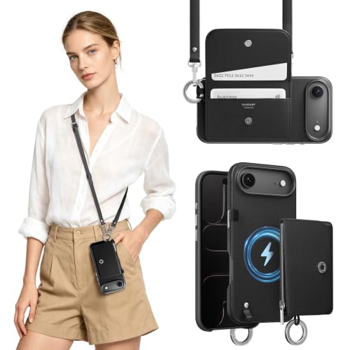 MAGEASY Pouch MagSafe Crossbody Wallet Phone Case for iPhone 17 Air 6.5", Removable Wallet with Strap Adjustable, Drop Protection Magnetic Purse Case, RFID Blocking Card Holder Coin Pocket (Black) - color: Black, size: iPhone Air