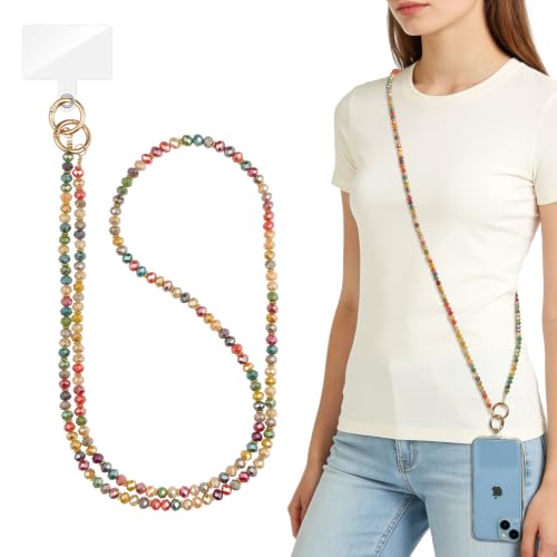 WOZEAH Crystal Cell Phone Lanyard Crossbody Strap for Women, Beaded Phone Strap for Cellphone Case with Tether Tab - color: Colorful Crystal