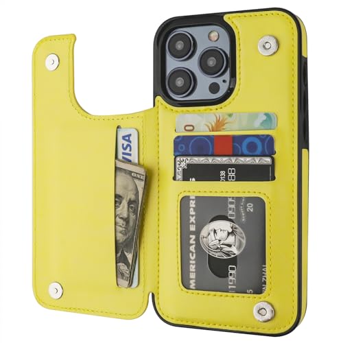 ONETOP Compatible with iPhone 15 Pro Max Wallet Case with Card Holder, PU Leather Kickstand Card Slots Case, Double Magnetic Clasp and Durable Shockproof Cover 6.7 Inch (Yellow) | Kickstand,ID/Cash Holder,Case Wallet with Card Slots,Double Magnetic Clasp,