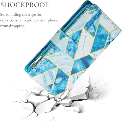 UEEBAI Wallet Case for Samsung Galaxy S24 Plus/S25 Plus 5G, PU Leather Wallet Magnetic Closure Handbag Zipper Pocket Cover Kickstand Card Slots with Hand Strap Marble Flip Case Women - Marble Blue - color: Marble Blue, size: Samsung Galaxy S24 Plus/S25 Pl