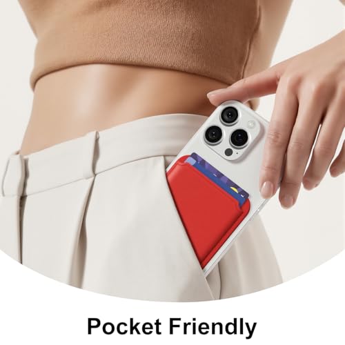oakxco Magnetic Phone Wallet Stick On, Secure Phone Card Holder Silicone Compatible with Magsafe, Adhesive Pocket Sleeve ID Credit Card, Slim Thin Card Case, Compatible with iPhone Samsung, Red - color: Red