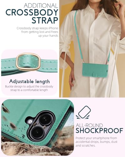 OCASE for iPhone 16 Wallet Case, PU Leather Crossbody Phone Case with Removable Shoulder Strap, Kickstand, RFID Blocking Card Slots, Flip Folio Phone Cover 6.1 Inch 2024, Green - color: Green, size: iPhone 16