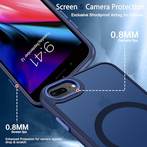 DUEDUE for iPhone 8 Plus Case, iPhone 7 Plus Phone Case Magnetic[Compatible with Magsafe], Translucent Matte Back Protective Cover Shockproof Cases for iPhone 7 Plus/8 Plus, Deep Blue - color: Blue