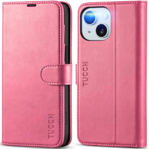 TUCCH Wallet Case for iPhone 15 (6.1") 2023, Flip Stand, Hot Pink | RFID Blocking, 4 Card Holders, Kickstand, PU Leather, Shockproof TPU Shell, Magnetic Closure, Protective Folio Cover - color: Hot Pink