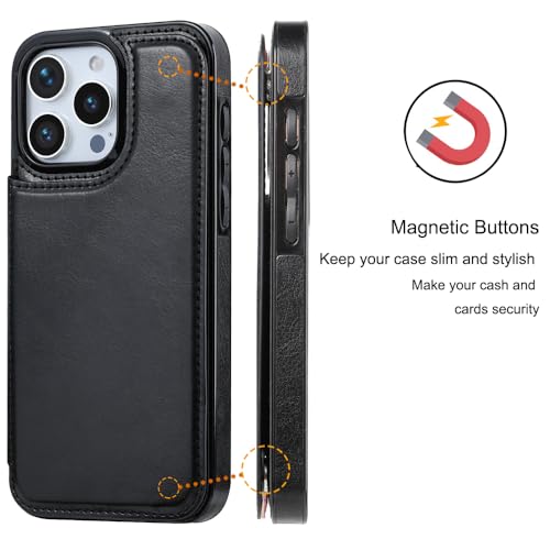 Wallet Case Compatible with iPhone 15 Pro Max(6.7"),Slim Protective case with Card Holder with 1 Screen Protective Glass,Premium PU Leather Kickstand Card Slots Case-Black - color: Black