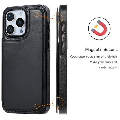 Wallet Case Compatible with iPhone 15 Pro Max(6.7"),Slim Protective case with Card Holder with 1 Screen Protective Glass,Premium PU Leather Kickstand Card Slots Case-Black - color: Black