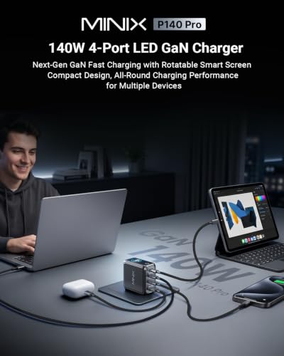 MINIX 140W Max 4-Port GaN Charging Blocks,Smart Display for MacBook Charger