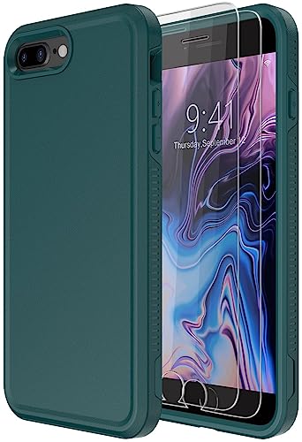 Diverbox for iPhone 8 Plus Case iPhone 7 Plus Case [Tempered Glass Screen Protector] [Shockproof] [Dropproof] Heavy Duty Protection Phone Case Cover for Apple iPhone 8 Plus & 7 Plus (Midnight Green) - color: DarkGreen-2in1