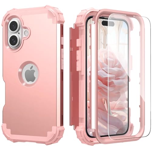 IDweel for iPhone 17 Case with Screen Protector for Women, 3 in 1 Shockproof Slim Fit Hybrid Heavy Duty Hard PC Cover Soft Silicone Bumper Full Body Anti-Fingerprint Case, Rose Gold - color: Rose Gold