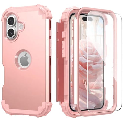 IDweel for iPhone 17 Case with Screen Protector for Women, 3 in 1 Shockproof Slim Fit Hybrid Heavy Duty Hard PC Cover Soft Silicone Bumper Full Body Anti-Fingerprint Case, Rose Gold - color: Rose Gold