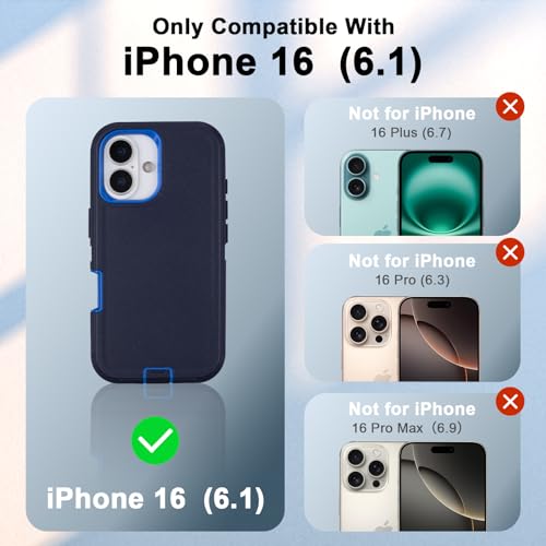 Defender for iPhone 16 Case with Belt Clip, Screen Protector Included | Military Grade Drop Protection, Rugged Shockproof Anti-Drop Full Body Protective Case for iPhone 16 6.1 Inch, Navy Blue - color: Navy+Blue