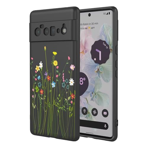 Case for Google 6 Pro Floral Phone Case Soft Touch Liquid Silicone Fluffy Lining Wireless Charging Compatible Protective Phone Cover for Google Pixel 6 Pro,Black Wildflower - color: Black Wildflower, size: For Google Pixel 6 Pro