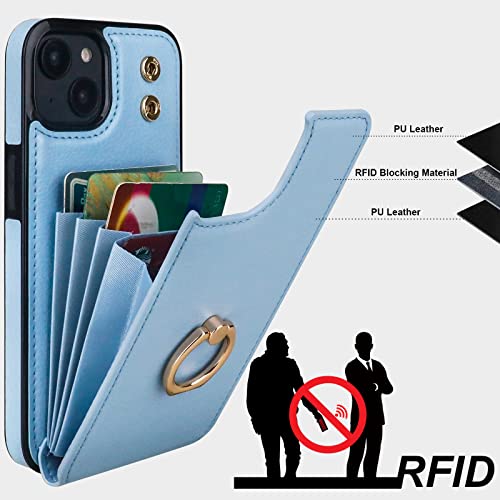 Folosu Compatible with iPhone 14 Plus Case Wallet with Card Holder, 360°Rotation Finger Ring Holder Kickstand, RFID Blocking Leather Protective Double Buttons Shockproof Cover 6.7 Inch Blue - color: Blue, size: iPhone 14 Plus