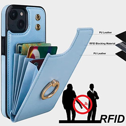 Folosu Compatible with iPhone 14 Plus Case Wallet with Card Holder, 360°Rotation Finger Ring Holder Kickstand, RFID Blocking Leather Protective Double Buttons Shockproof Cover 6.7 Inch Blue - color: Blue, size: iPhone 14 Plus