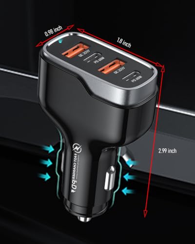 SUNDA 120W USB C Fast Car Charger, USB C Car Phone Charger, 4-Port (2 USB-C + 2 USB-A) PD 3.0/60W PPS QC 3.0, Cigarette Lighter USB Charger Adapter for Road Trip iPhone/Samsung/Google Pixel/iPad