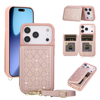 for iPhone 17 Pro Max Wallet Case with Card Holder Slots and Strap, RFID Blocking Magnetic Flip Folio Cover, Crossbody Purse Protection Case with Kickstand,Rose Gold Diamond - color: Rose Gold Diamond, size: iPhone 17 Pro Max(6.9")