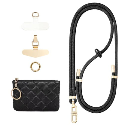 Phone Strap with Leather Zipper Pouch Bag, Hands-Free Phone Charm Holder Neck Strap Stylish Crossbody Adjustable Chain Lanyard with Wallet for All Phones