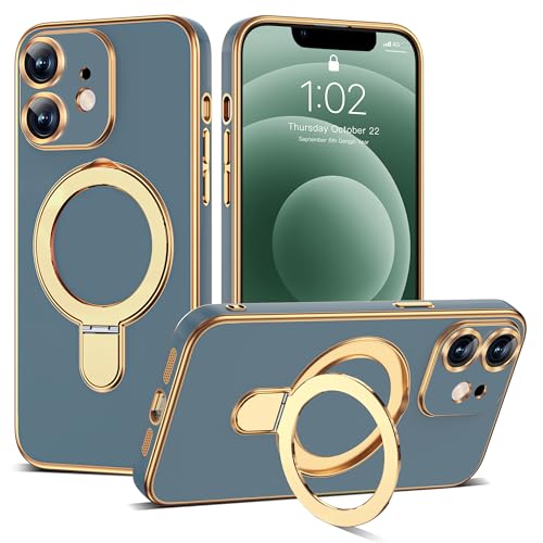 Compatible with iPhone 12 Case with Magnetic Ring Stand [Compatible with Mag-Safe] [Full Camera Lens Protector] Soft Plating Phone Case for iPhone 12 6.1", Grey Blue - color: Grey Blue, size: Iphone 12