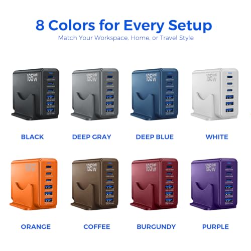 165W GaN Charging Station, 6-Port Desk Charging Station, Black - color: Black
