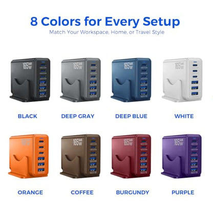 165W GaN Charging Station, 6-Port Desk Charging Station, Black - color: Black