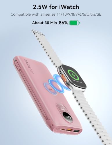 Portable Charger 10000mAh 20W, Wall Plug, 2 Cables, iWatch Charging - color: Bloom Pink