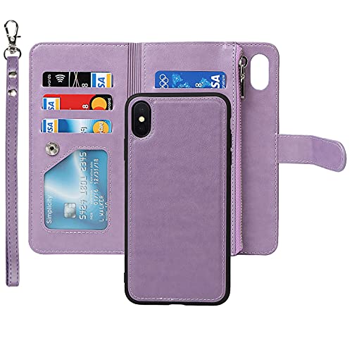iCoverCase for iPhone X/XS Wallet Case with Card Holder and Wrist Strap, PU Leather Kickstand Card Slots Zipper Pocket Magnetic [Detachable] Flip Cover Case 5.8 Inch (Purple) - color: Purple