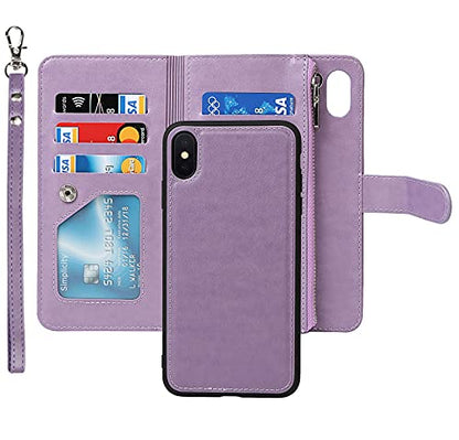 iCoverCase for iPhone X/XS Wallet Case with Card Holder and Wrist Strap, PU Leather Kickstand Card Slots Zipper Pocket Magnetic [Detachable] Flip Cover Case 5.8 Inch (Purple) - color: Purple