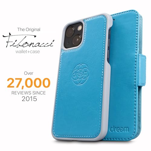 Dreem Vegan Leather Magnetic Detachable Wallet Case for iPhone 13 Mini | Built-in Phone Stand, RFID Blocking Card Holder Flip Cover, MagSafe Compatible, Gift Box [Fibonacci: Sky] - color: Sky, size: iPhone 13 Mini