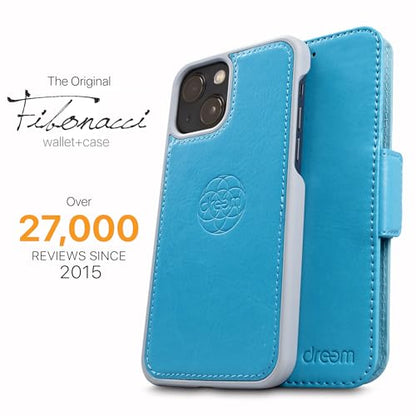 Dreem Vegan Leather Magnetic Detachable Wallet Case for iPhone 13 Mini | Built-in Phone Stand, RFID Blocking Card Holder Flip Cover, MagSafe Compatible, Gift Box [Fibonacci: Sky] - color: Sky, size: iPhone 13 Mini