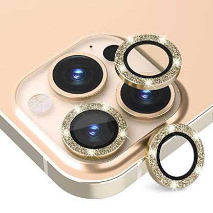 Suoman 3-Pack for iPhone 13 Pro 6.1 inch / 13 Pro Max 6.7 inch Camera Lens Protector, 9H Hardness Tempered Glass Film, [Glitter diamonds] Individual Metal Protective Cover - Gold - color: Gold