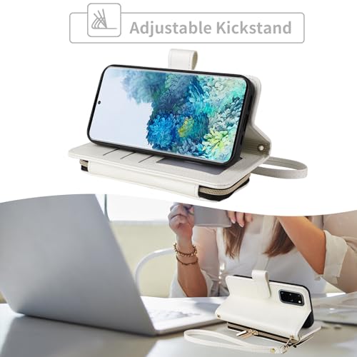 Wallet Case for Samsung Galaxy S20 Plus S20+ 5G with Wrist Strap, 9+ Card Slots Zipper Purse, Luxury PU Leather Stand Full Body Phone Cover for S20+5G S20plus 20S + S2O S 20 20+ G5 Women White | Wrist/Shoulder Strap, Card Slots, Zipper Purse, PU Leather S