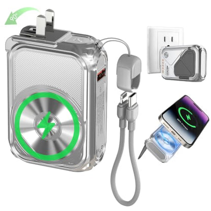 P05 Portable Charger, Magnetic Power Bank, Small Wireless PowerBank, Battery Pack10000mAh Travel Essentials Fast Charging with Built in Cable, Foldable Wall Plug for iPhone,Andriod（Metal Material） - color: Silver