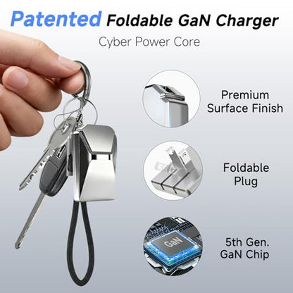USB C Charger for iPhone 16/15 Charger Fast Charging, GaN Keychain Design Fast Wall Charger Block with 2 Pack USB C to C & C to Lightning Cable, Foldable and Compact for iPhone 17/16/15, iPad(Gray) - color: Silvery