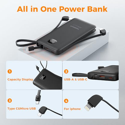 TESSAN Portable Charger with Built in Cables, 10000mAh Power Bank Wall Plug - color: Black