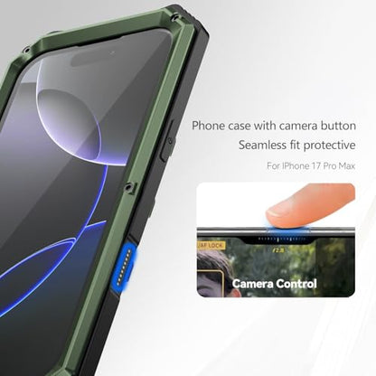 Simicoo Military Metal Heavy Duty Case Compatible with iPhone 17 Pro Max, Drop Protection Rugged Defender Metal Bumper Screws Case with Stand Gorilla Glass Camera Cover Full Body Dustproof Green - color: Green, size: iPhone 17 Pro Max