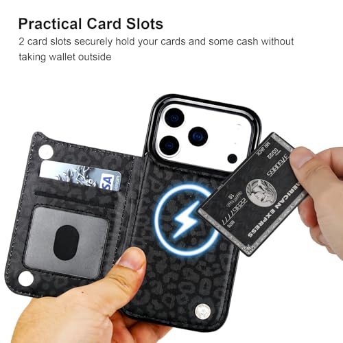 HAOPINSH Wallet Case for iPhone 17 Pro, Compatible with MagSafe Wireless Charging, Black Leopard Cheetah Pattern Back Flip Folio Leather Kickstand Card Slots Case Double Magnetic Clasp Cover 6.3" - color: Black Leopard for MagSafe