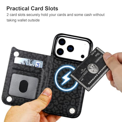 HAOPINSH Wallet Case for iPhone 17 Pro, Compatible with MagSafe Wireless Charging, Black Leopard Cheetah Pattern Back Flip Folio Leather Kickstand Card Slots Case Double Magnetic Clasp Cover 6.3" - color: Black Leopard for MagSafe