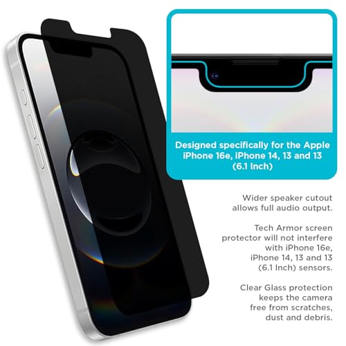 Tech Armor Privacy Glass for iPhone 16e, 14, 13 Pro Screen Protector 1 Pack - size: iPhone 14 / 13 / 13 Pro-6.1 Inch