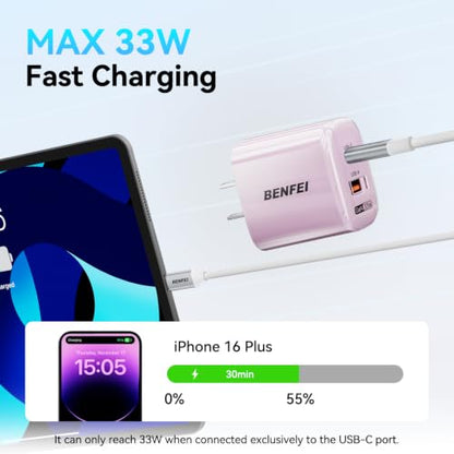 BENFEI 33W GaN USB C Fast Charger, 2-Port Two-Tone Compact Wall Charger Block, Portable Travel Charger for iPhone 17/16/15, Galaxy S25/S24/S23, Pixel 10/9/8, iPad, AirPods, MacBook, Steam Deck - color: Teal