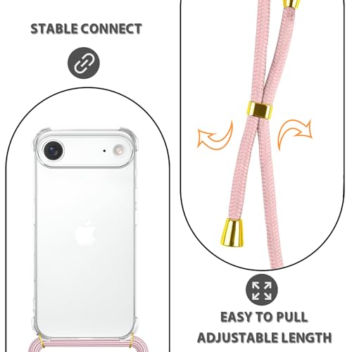 Crossbody Case for iPhone 17 Air Adjustable Lanyard Strap for Women Soft TPU Bumper Case Cover Transparent Slim Shockproof Protective Phone Case for iPhone 17 Air - Rose Gold - size: for iPhone 17 Air