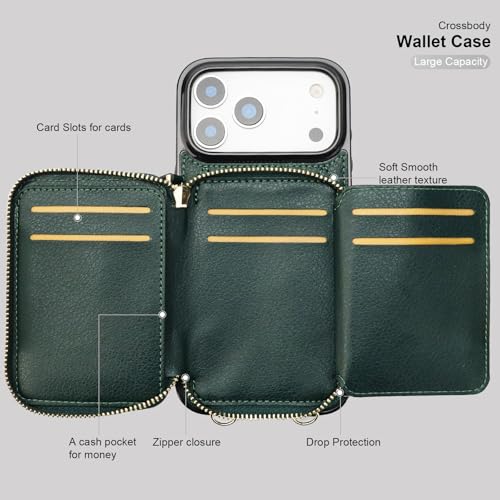 Bocasal Crossbody Wallet Case Card Holder for iPhone 17 Pro Max Dark Green | RFID Blocking PU Leather Zipper Handbag Purse, Kickstand Flip Folio Case with Card Slots Holder Wrist Strap Lanyard 6.9 Inch - color: Dark Green