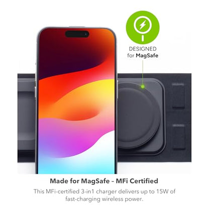 mophie 3-in-1 Travel Charger v2 with MagSafe - Portable Wireless Charging Hub, Compatible with Apple Devices, iPhone 16/15/14/13/12, Apple Watch Series 10 to 1 & Ultra, AirPods Pro/3rd Gen, Black - color: Black, style: Gen 2