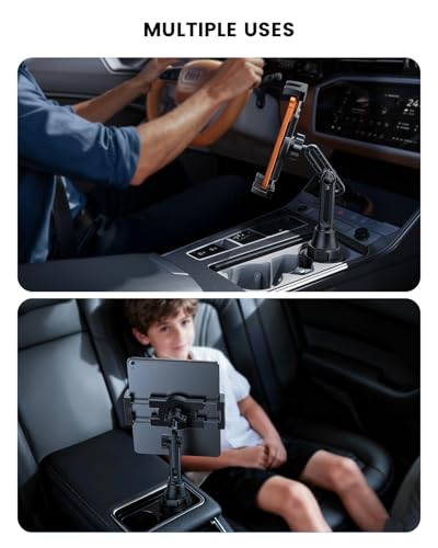 Lamicall Car Cup Tablet Holder - [15" Height Adjustable][ Fast Setup] Cup Holder Phone Holders, Multi Angle Car Mounts as Gifts for 5.2-13" iPad Pro 2025, Air, Mini, iPhone 17e, Car Accessories