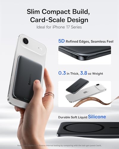 Baseus Picogo Power Bank, 0.3" Ultra Slim 5000mAh MagSafe Battery Pack, Upgraded CCC Certified and Polished Alloy Magnetic Portable Charger, Wireless Charger for iPhone 17/16/15/14/13/12 - color: Polished Cosmic Black