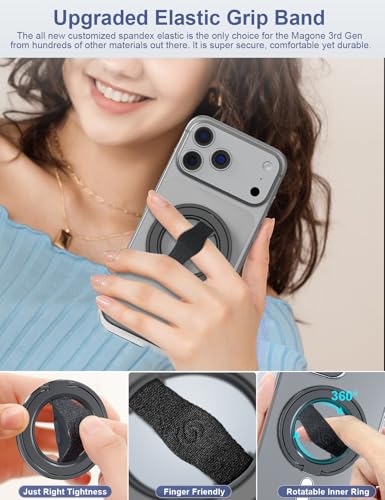 EWA MagOne 3rd Gen [Compatible with MagSafe] Phone Grip Stand with Finger Strap, Removable Magnetic Ring Holder Kickstand Loop for iPhone 17,16,15,14,13,12 Series (Black) - color: Black