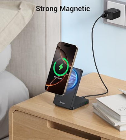 Folding Wireless Charging Stand, Magnetic 15W Fast Charging Station Mag-Safe Travel Lightweight Charger Compatible for iPhone 16/16 Pro/16 Pro Max/16 Plus/15/14/13/12 Series, AirPods 4/3