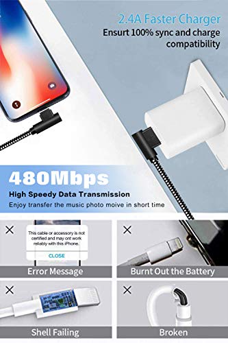 [3-Pack] Right Angle iPhone Charging Cable Nylon Braided 90 Degree Elbow Design Compatible with iPhone Xs Max/XS/XR/X, 8 7 6s 6 Plus, SE, 5s, 5c, 5, iPad Mini/Air/Pro (Black White, 10ft) - color: White