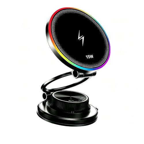 15W Fast Wireless Car Charger, Magnetic Dashboard Phone Holder, 360 Rotating Foldable Bracket, Compatible with MagSafe, Strong N52 Magnet & Gel Suction for iPhone17/16/15 pro and Samsung (Black) - color: Black