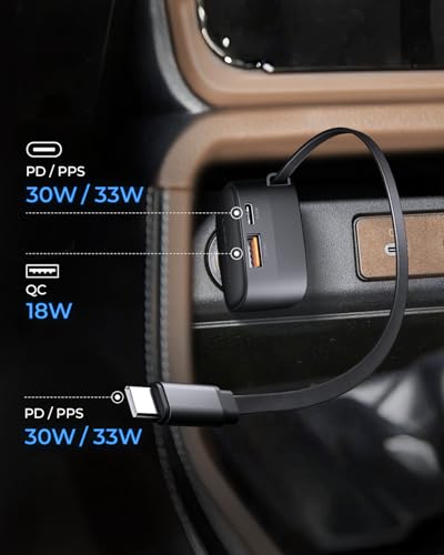 Retractable Car Charger USB C, 84W Max, Ultra-Compact, Type-C Fast Charger with Built-in Retractable USB-C Cable, Car Adapter for iPhone 16/15 Series, MacBook Pro/Air, iPad, AirPods Black